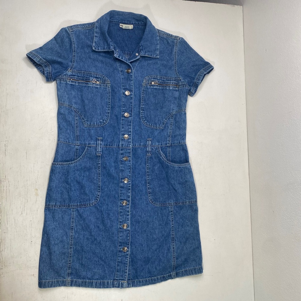 Y2K Faded Glory Denim Midi Dress Womens 14 Button Front Short Sleeve Belt Loop